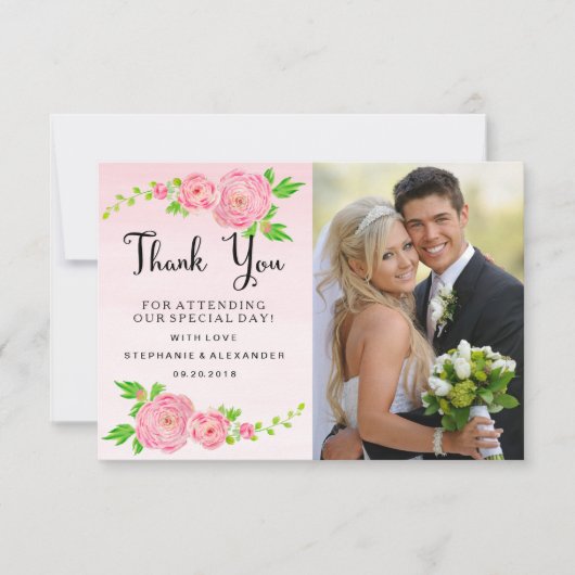Roze Waterverf Ranunculus Wedding Foto Bedankkaart (Voorkant)