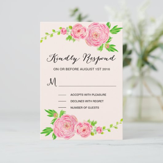 Roze Waterverf Ranunculus Wedding RSVP Reactie (Staand voorkant)