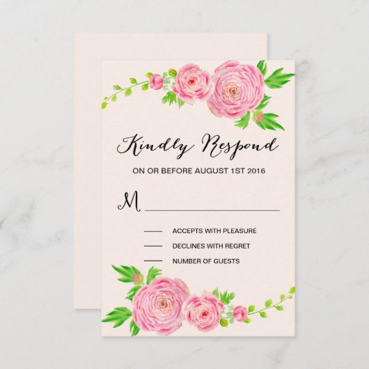 Roze Waterverf Ranunculus Wedding RSVP Reactie (Voorkant / Achterkant)