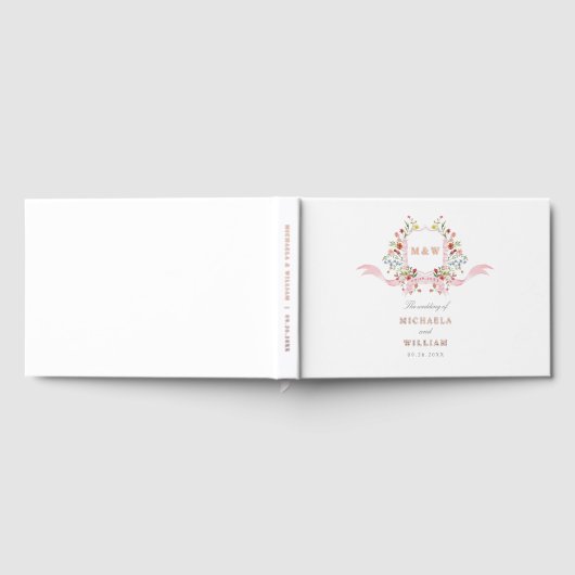 Roze Waterverf Regency Botanical Crest Wedding Gastenboek (Volledig)