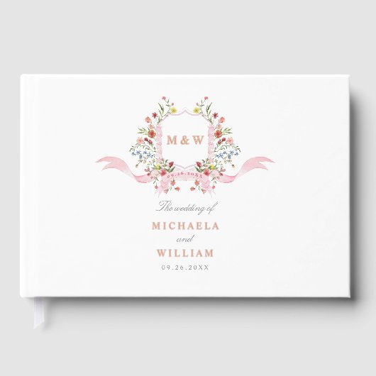 Roze Waterverf Regency Botanical Crest Wedding Gastenboek (Voorkant)