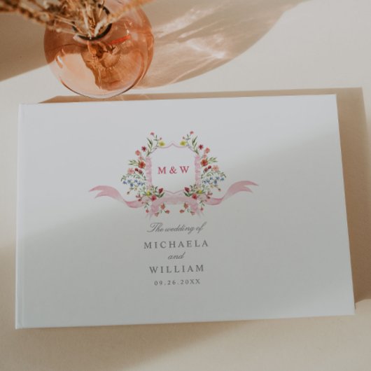 Roze Waterverf Regency Botanical Crest Wedding Gastenboek