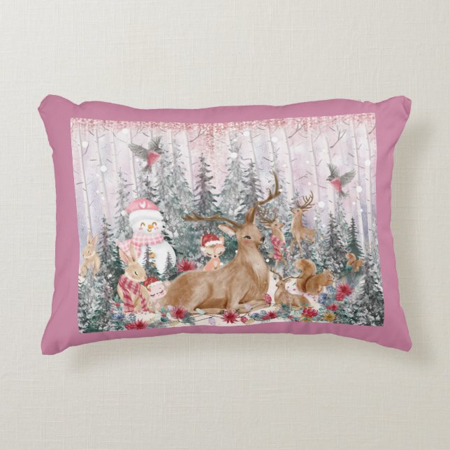Roze Waterverf Reindeer, Snowman Merry Kerstmis Accent Kussen (Voorkant)