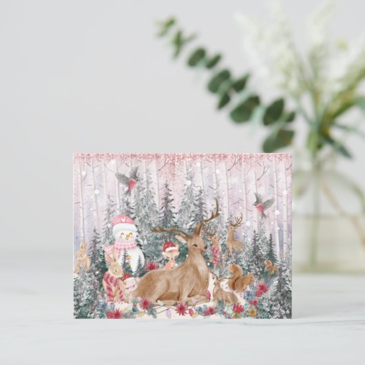 Roze Waterverf Reindeer, Snowman Merry Kerstmis Briefkaart (Staand voorkant)