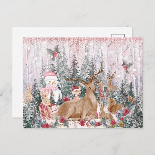 Roze Waterverf Reindeer, Snowman Merry Kerstmis Briefkaart (Voorkant / Achterkant)