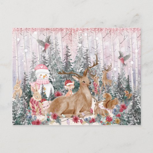 Roze Waterverf Reindeer, Snowman Merry Kerstmis Briefkaart (Voorkant)