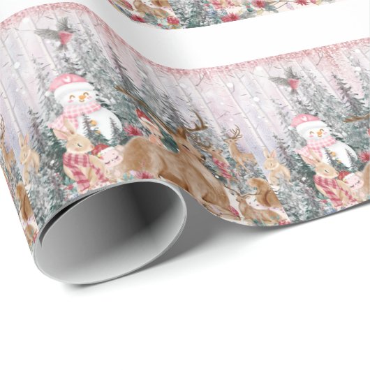 Roze Waterverf Reindeer, Snowman Merry Kerstmis Cadeaupapier (Rol Hoek)