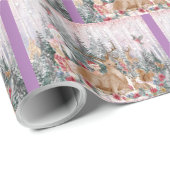 Roze Waterverf Reindeer, Snowman Merry Kerstmis Cadeaupapier (Rol Hoek)