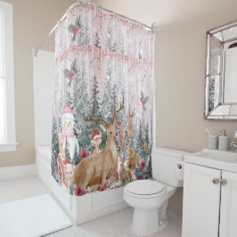 Roze Waterverf Reindeer, Snowman Merry Kerstmis Douchegordijn
