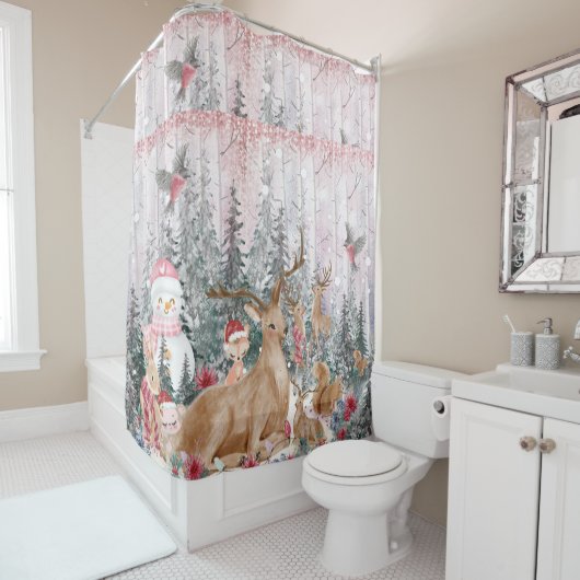 Roze Waterverf Reindeer, Snowman Merry Kerstmis Douchegordijn (In situ)