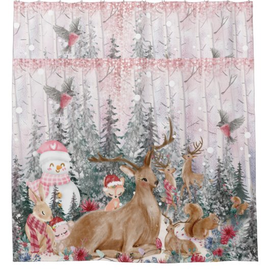 Roze Waterverf Reindeer, Snowman Merry Kerstmis Douchegordijn (Voorkant)