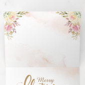 Roze Waterverf Reindeer, Snowman Merry Kerstmis Drieluik Wenskaart (Binnenzijde eerst)