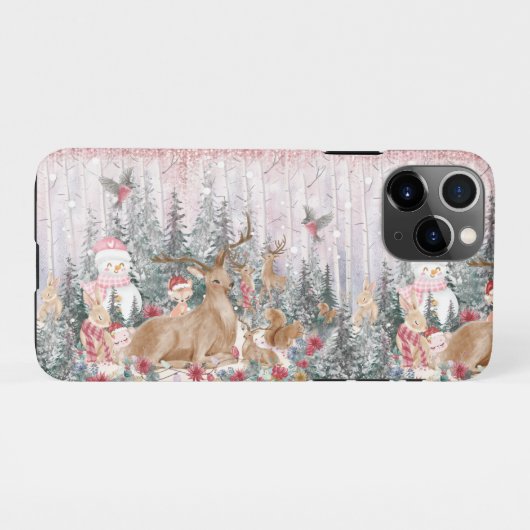 Roze Waterverf Reindeer, Snowman Merry Kerstmis iPhone Hoesje (Achterkant horizontaal)