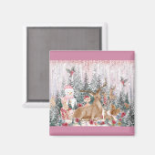Roze Waterverf Reindeer, Snowman Merry Kerstmis Magneet (Voorkant / Achterkant)