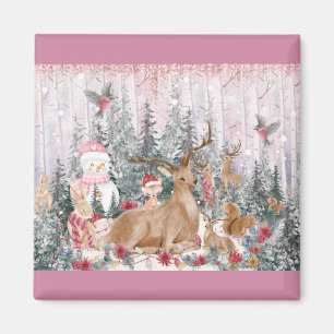 Roze Waterverf Reindeer, Snowman Merry Kerstmis Magneet