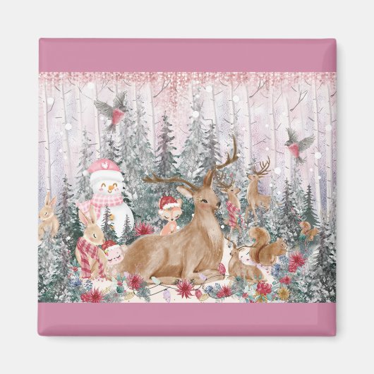 Roze Waterverf Reindeer, Snowman Merry Kerstmis Magneet (Voorkant)