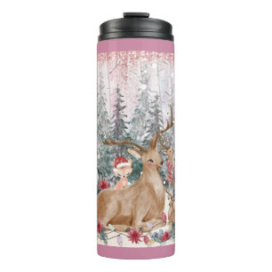 Roze Waterverf Reindeer, Snowman Merry Kerstmis Thermosbeker