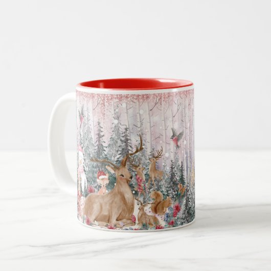 Roze Waterverf Reindeer, Snowman Merry Kerstmis Tweekleurige Koffiemok (Voorkant links)