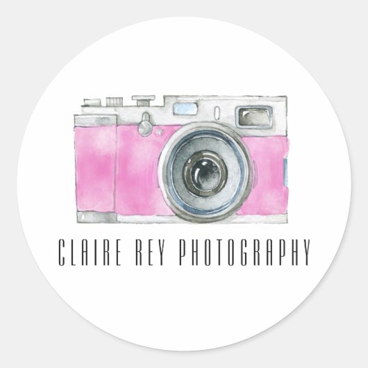 Roze Waterverf Retro camera fotograaf Logo Ronde Sticker (Voorkant)