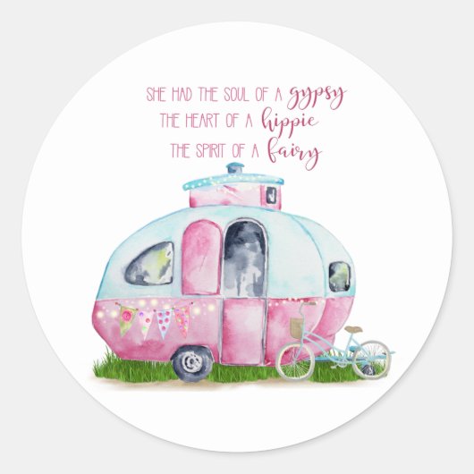 Roze Waterverf Retro  Camper Glamper Ronde Sticker (Voorkant)