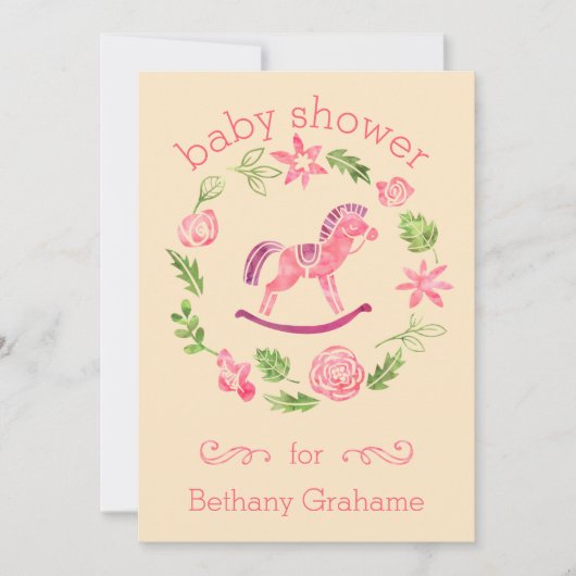 Roze Waterverf Rocking Horse Baby shower Kaart (Voorkant)