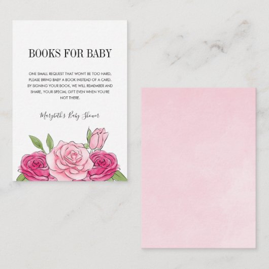 Roze Waterverf Roos Baby shower Book Request Card Informatiekaartje (Voorkant / Achterkant)