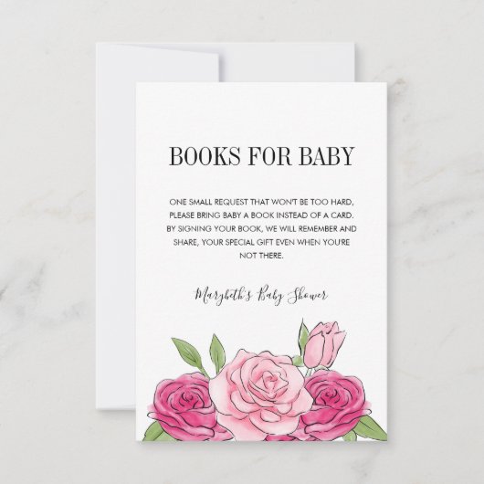 Roze Waterverf Roos Baby shower Book Request Card Kaart (Voorkant)