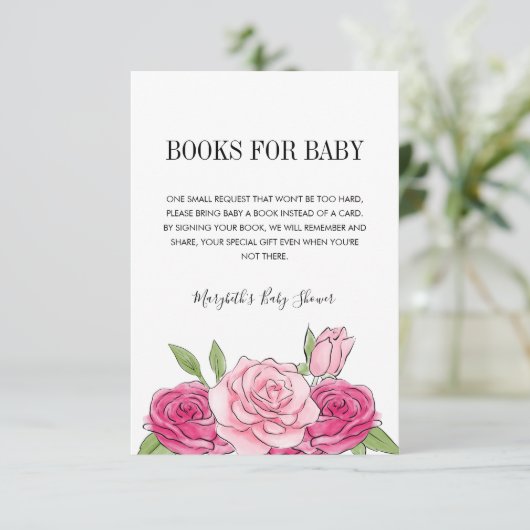 Roze Waterverf Roos Baby shower Book Request Card Kaart (Staand voorkant)