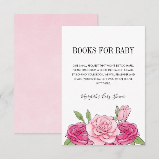 Roze Waterverf Roos Baby shower Book Request Card Kaart (Voorkant / Achterkant)