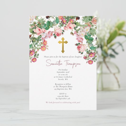 Roze Waterverf Roos Bloem Vloertuinmeisje Kaart (Staand voorkant)