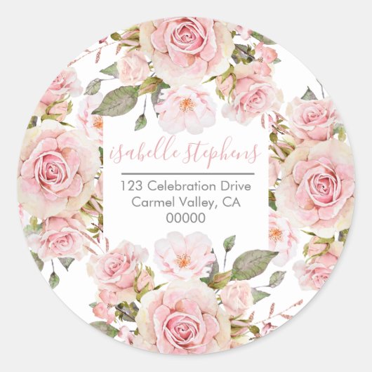 Roze Waterverf Roos Blooms Floral Retouradres Ronde Sticker (Voorkant)
