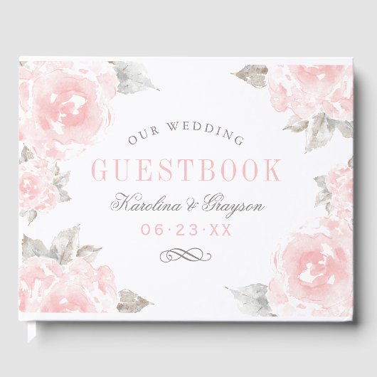  roze Waterverf Roos bruiloft Monogram Gastenboek (Voorkant)