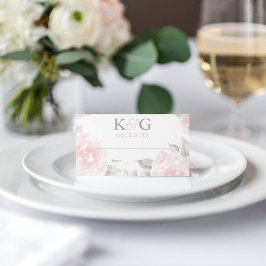 Roze Waterverf Roos Bruiloft Monogram in Vintage S Plaatskaartje