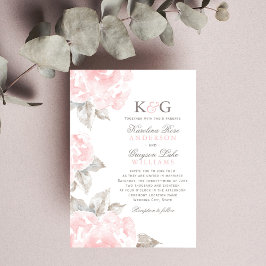 roze Waterverf Roos bruiloft Monogram Kaart