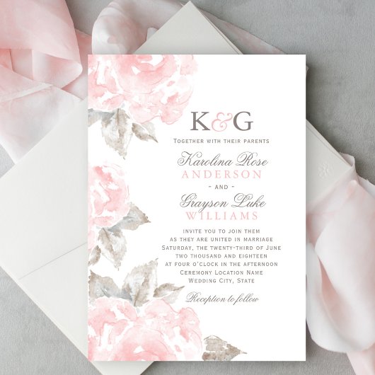 roze Waterverf Roos bruiloft Monogram Kaart