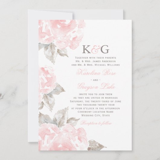  roze Waterverf Roos bruiloft Monogram Kaart (Voorkant)