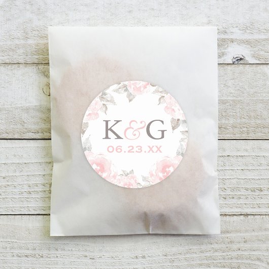  roze Waterverf Roos bruiloft Monogram Ronde Sticker