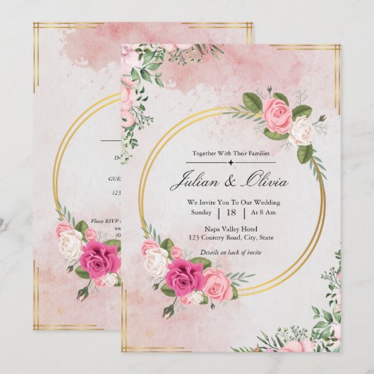 Roze Waterverf Roos Bruiloft Suite Kaart (Voorkant / Achterkant)