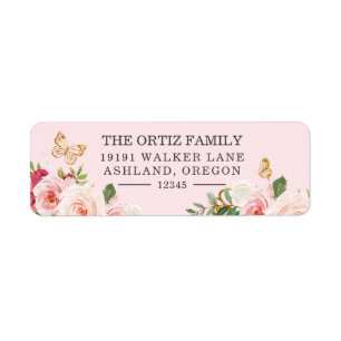 Roze Waterverf Roos Butterfly Return Address Etiket