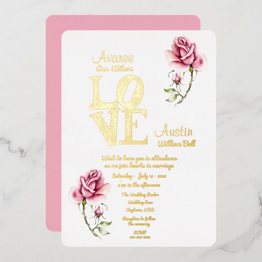 Roze Waterverf Roos en goudkoorts Folie Uitnodiging (Voorkant / Achterkant)