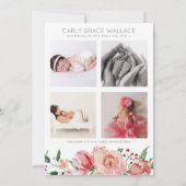 Roze Waterverf Roos Foto Collage Baby Girl Birth Aankondiging (Achterkant)