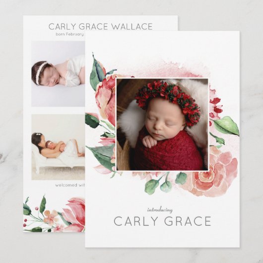 Roze Waterverf Roos Foto Collage Baby Girl Birth Aankondiging (Voorkant / Achterkant)