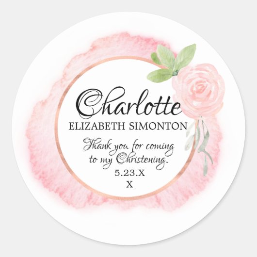 Roze Waterverf Roos Gepersonaliseerde doopsel Ronde Sticker (Voorkant)