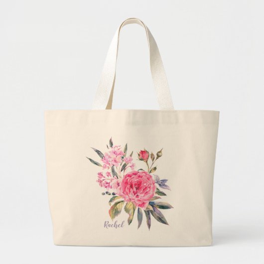 Roze Waterverf Roos Gepersonaliseerde naam | Bloem Grote Tote Bag (Voorkant)