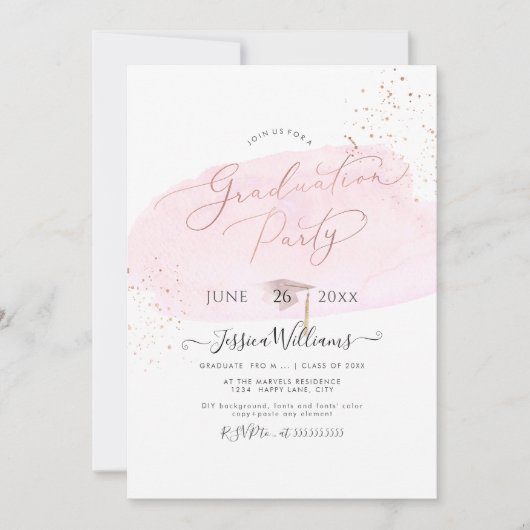 Roze Waterverf+Roos Gold Pet GraduPartij Kaart (Voorkant)