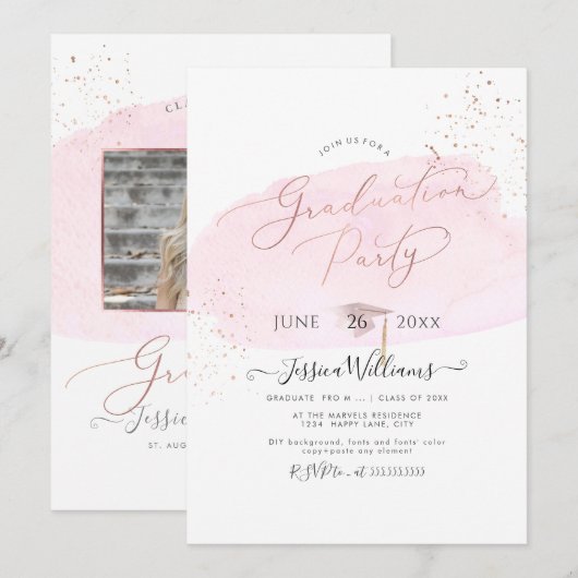 Roze Waterverf+Roos Gold Pet GraduPartij Kaart (Voorkant / Achterkant)