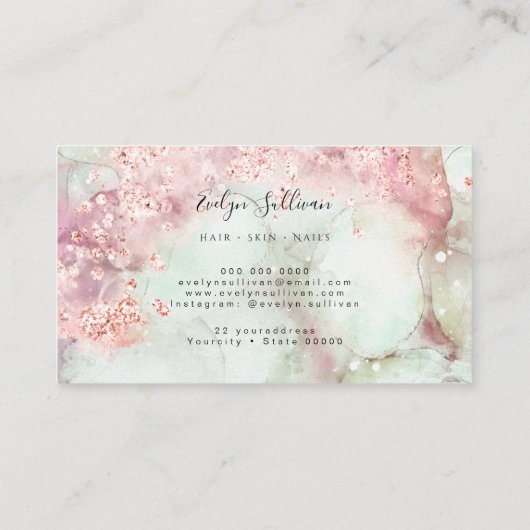 Roze waterverf roos goud glitter visitekaartje (Achterkant)