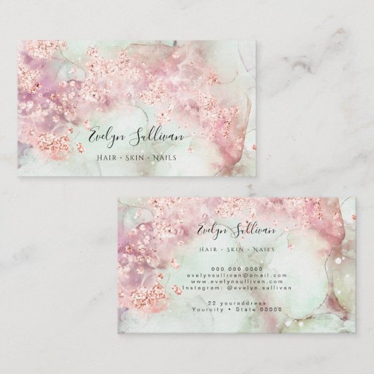 Roze waterverf roos goud glitter visitekaartje (Voorkant / Achterkant)