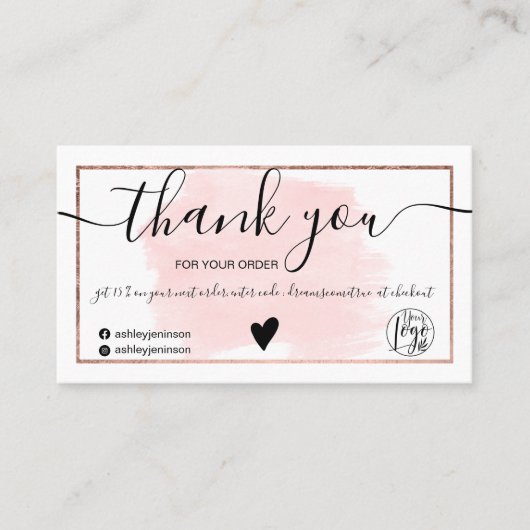 Roze waterverf roos goudfolie orde dank u visitekaartje (Voorkant)
