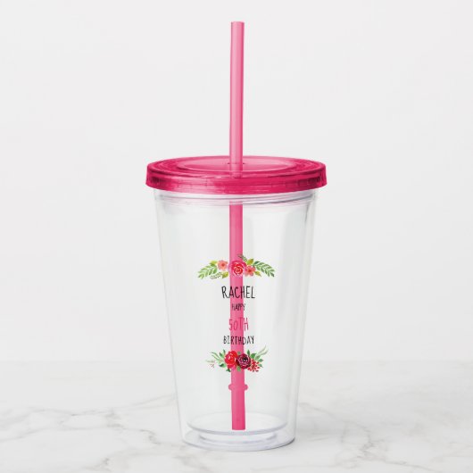  roze Waterverf Roos Happy Birthday - tekst - Acryl Drinkbeker (Voorkant)